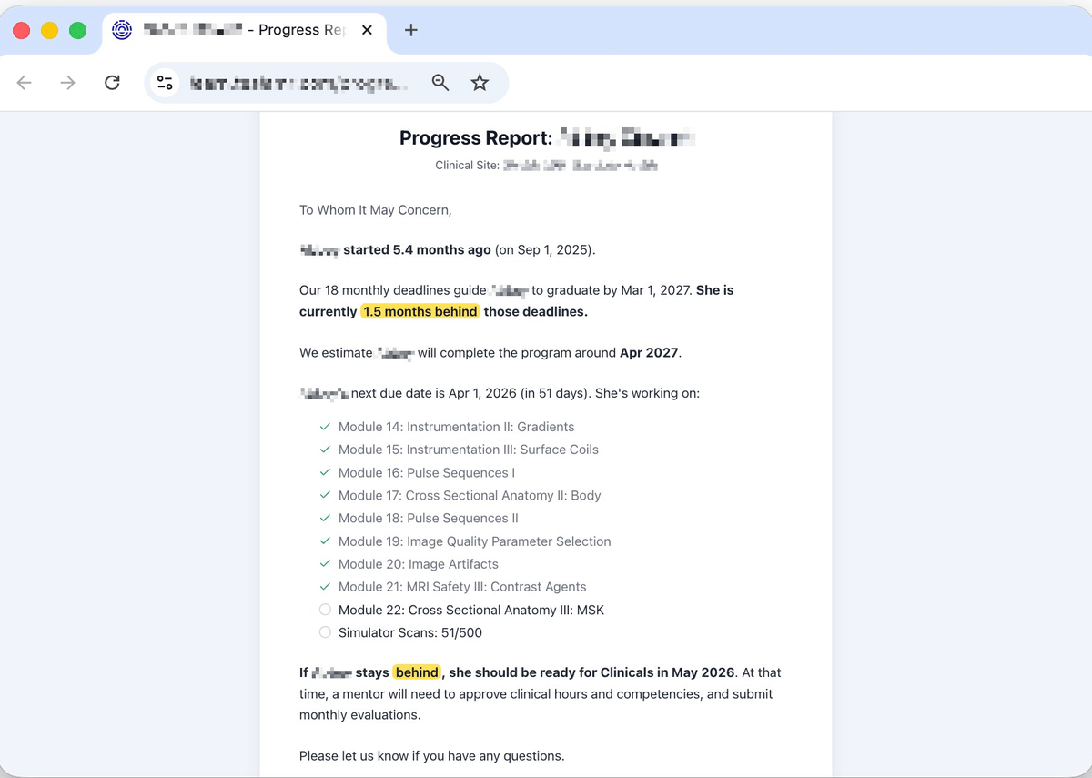 Admin academic dashboard with progress reports