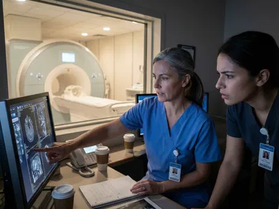Mentor guiding trainee at MRI console