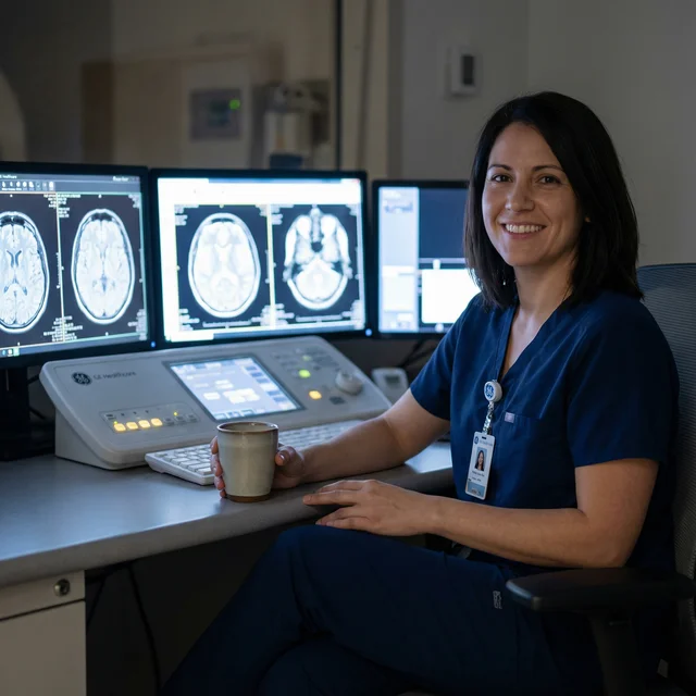 MRI technologist confidently operating an MRI console in a modern control room