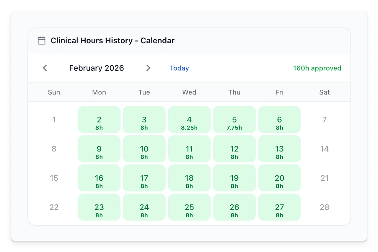 Clinical hours tracking calendar in TeslaMR Learn