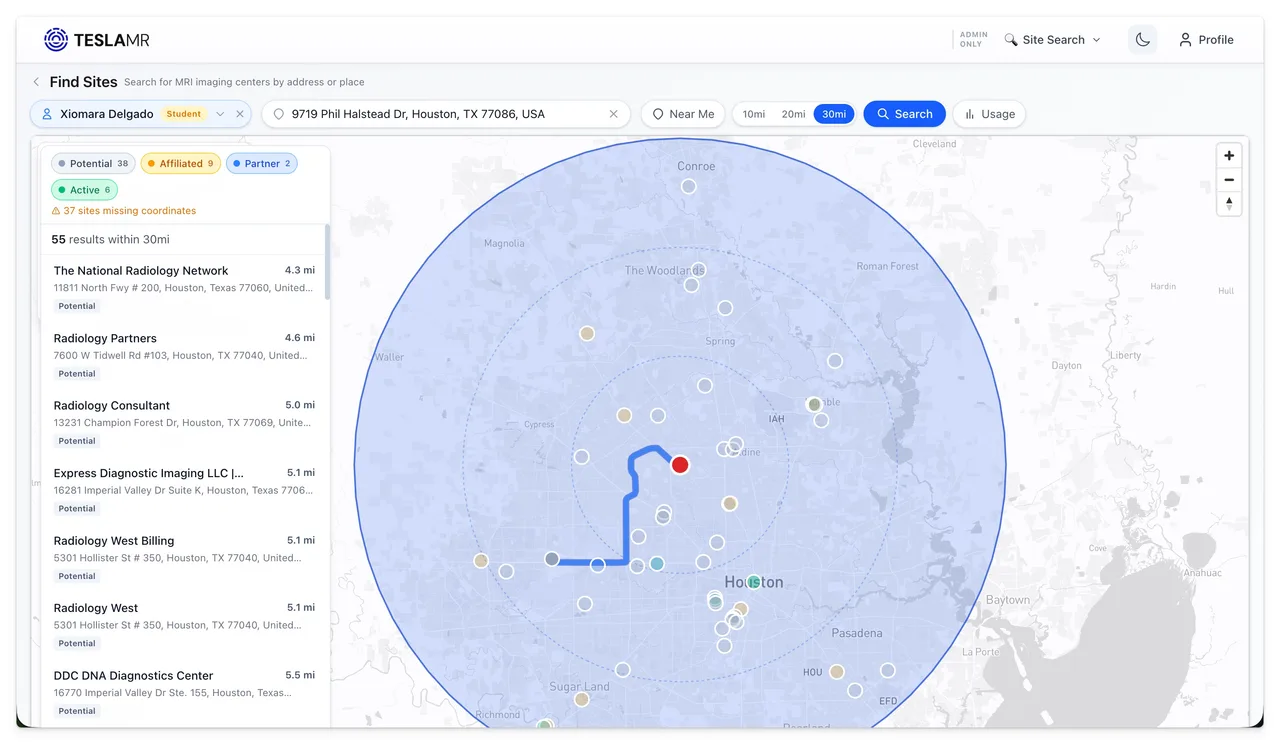Clinical site map view inside TeslaMR Learn