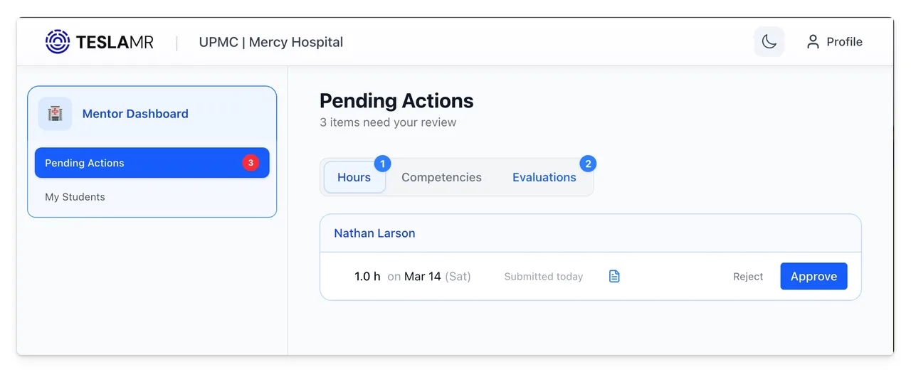 Mentor pending actions dashboard in TeslaMR Learn