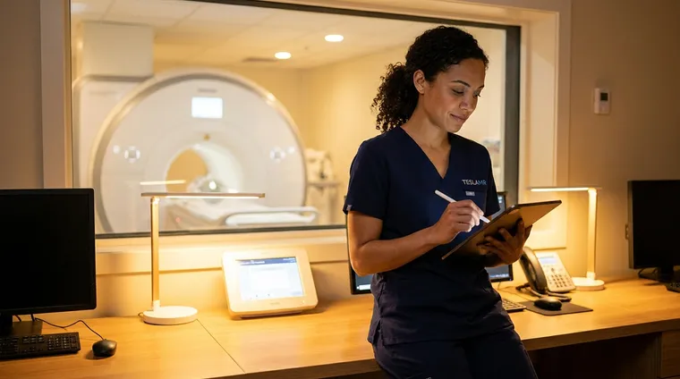 Mid-career MRI technologist in navy Tesla MR scrubs reviewing salary and career progression notes on a tablet in an MRI control room. Confident, settled into a role that pays $95,480 median per BLS data.