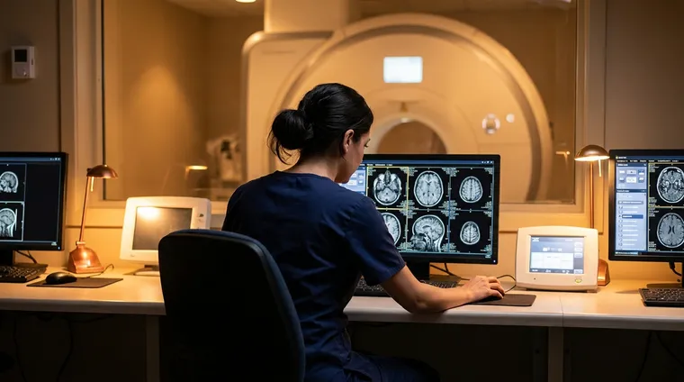 MRI technologist in navy scrubs at the control room console reviewing brain MRI images on multiple monitors, with the MRI scanner visible through the control room window — the daily reality of the role hospital workers can transition into.