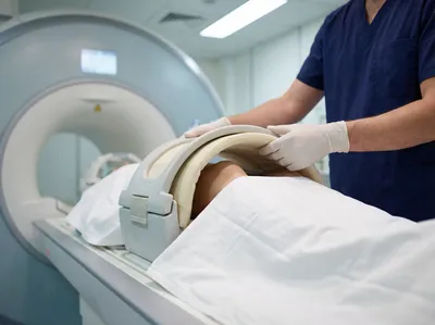 Hands placing an MRI surface coil on a patient