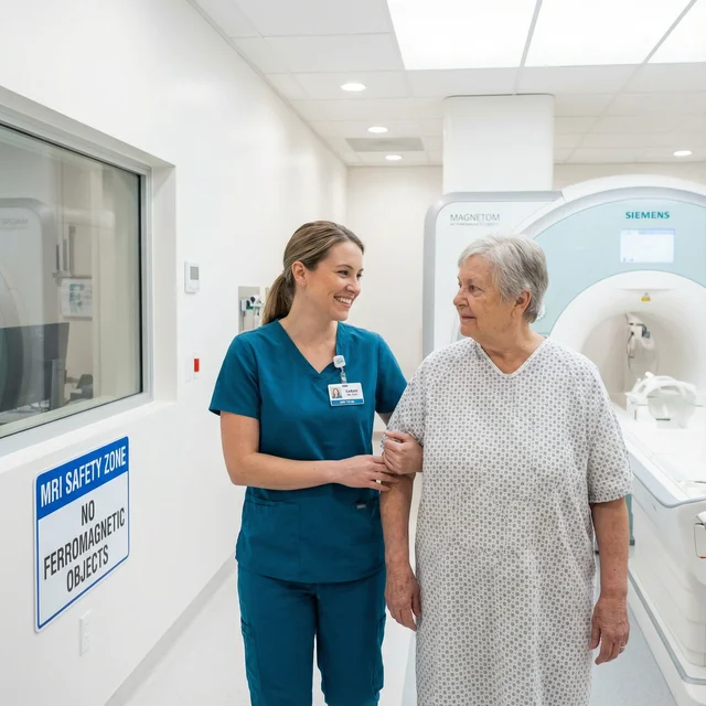 Remote Tech Aide positioning a patient on the MRI table at the facility