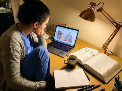 Student studying MRI concepts and anatomy at home with laptop and textbook