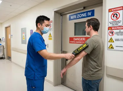 Healthcare worker performing MRI safety screening with metal detector wand