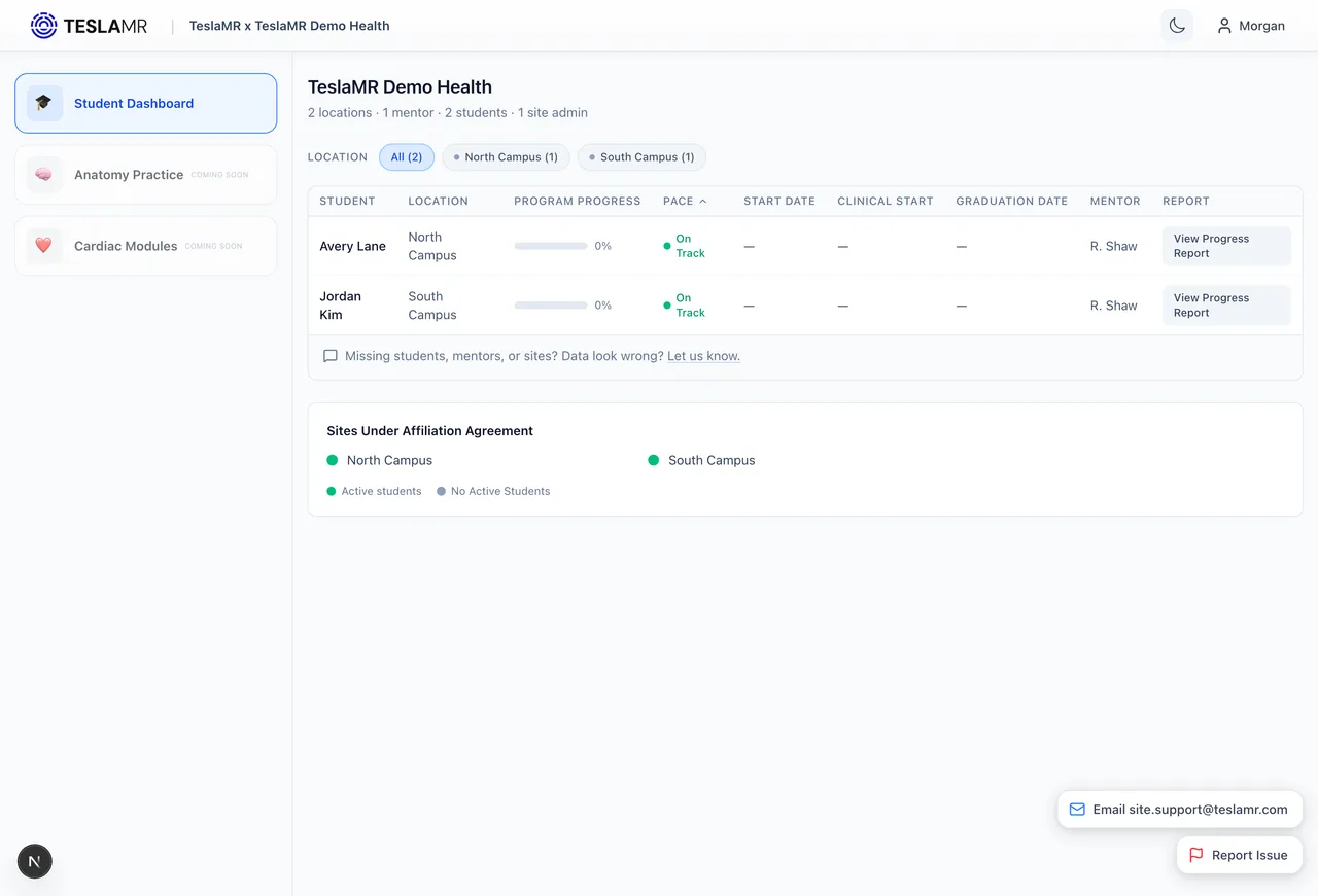 Operational site overview in TeslaMR Learn