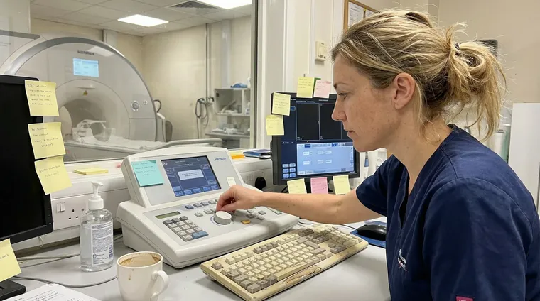 A typical Tuesday afternoon. Sarah adjusts scan parameters between patients. The unglamorous, essential work that defines this career.