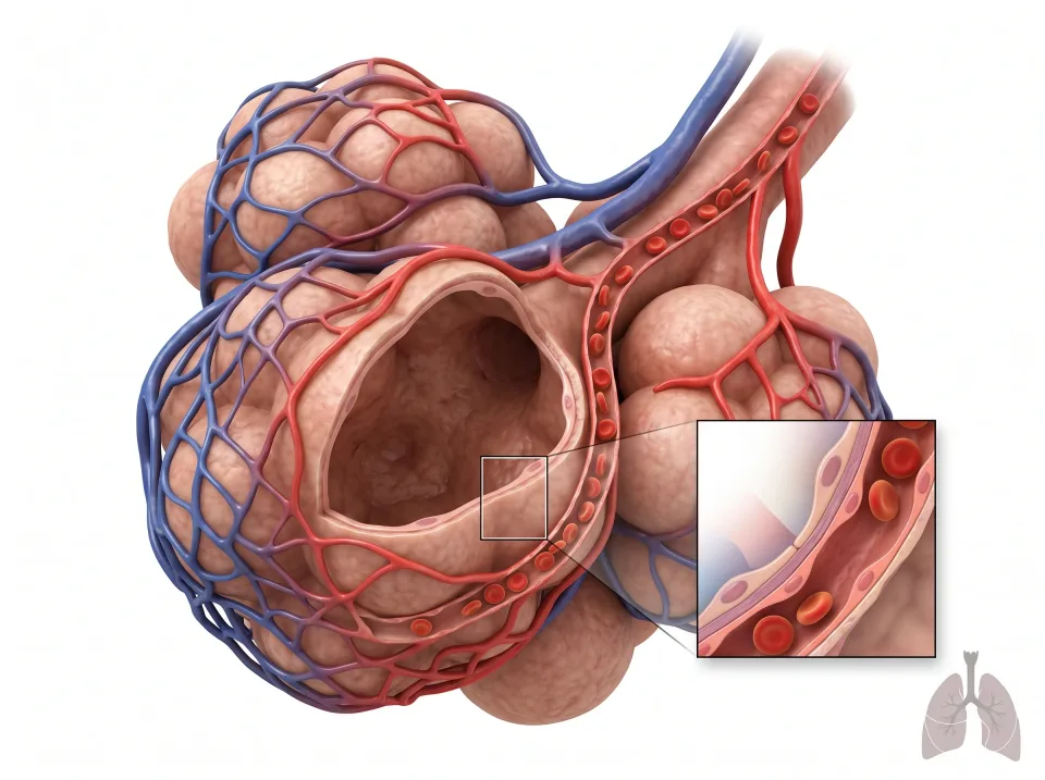 Oxygen enters blood. Oxygen diffuses across the thin air-sac and capillary walls into blood.