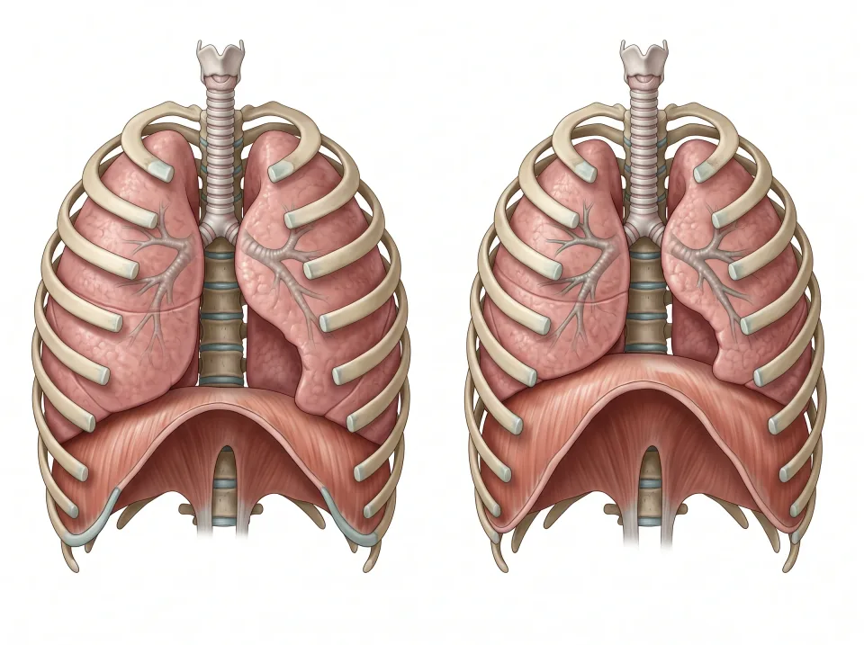 Two chest cutaways compare larger lungs with a lower diaphragm during inhalation and smaller lungs with a higher diaphragm during exhalation.