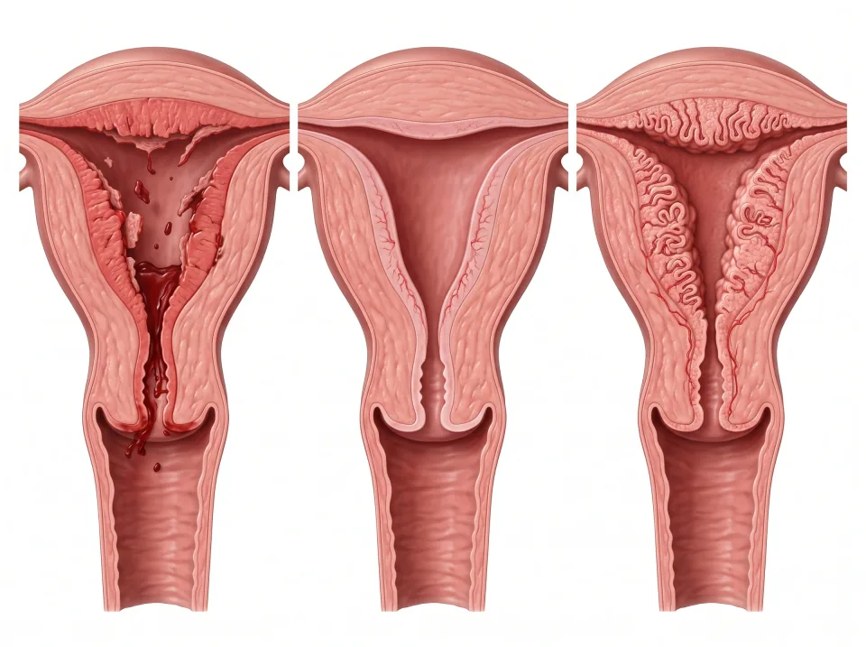 Menstruation. Part of the endometrium is shed if pregnancy has not occurred.