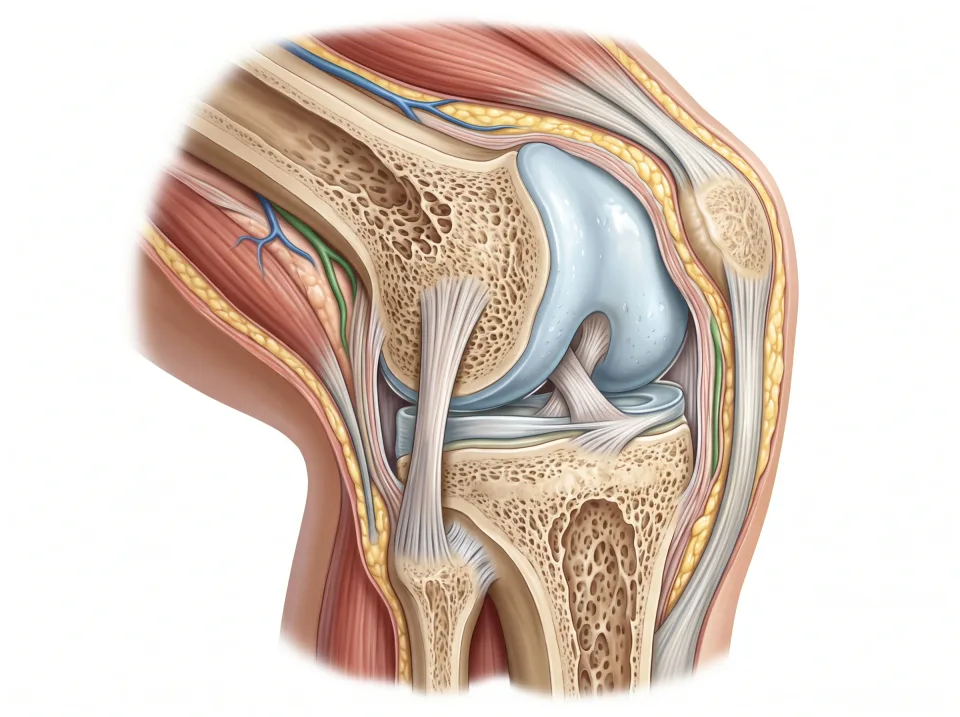 Cartilage. Smooth cartilage covers the bone ends and helps them glide.