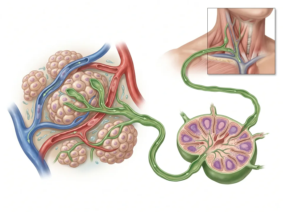Tissue fluid. Fluid around cells allows exchange between blood and tissues.