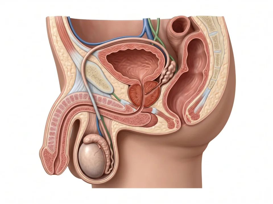 Testis. Sperm form in the testes, in the scrotum outside the pelvic cavity.