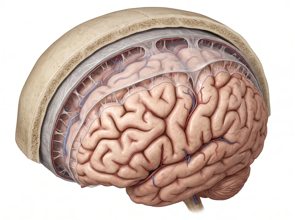 Dura. The tough outer covering lies beneath the skull.