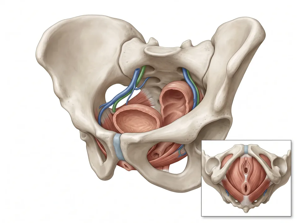 Organs. The bladder and rectum, with reproductive organs, sit above the pelvic floor.