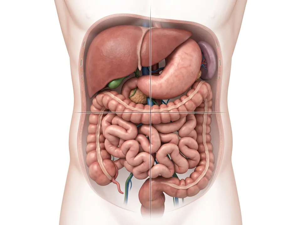 Right upper. Much of the liver and the gallbladder are here.
