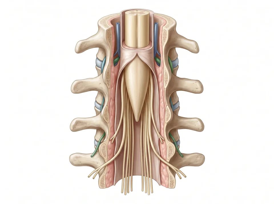 Spinal cord. Nervous tissue extends from the brainstem down through the vertebral canal.