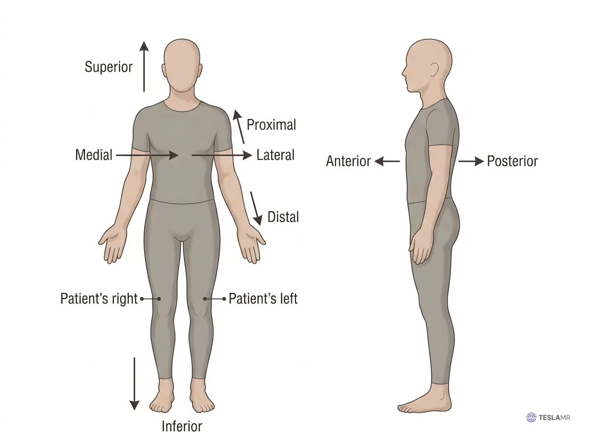 A person in anatomical position with paired directional arrows: superior and inferior, medial and lateral, proximal and distal, patient's right and left; a side view shows anterior and posterior.