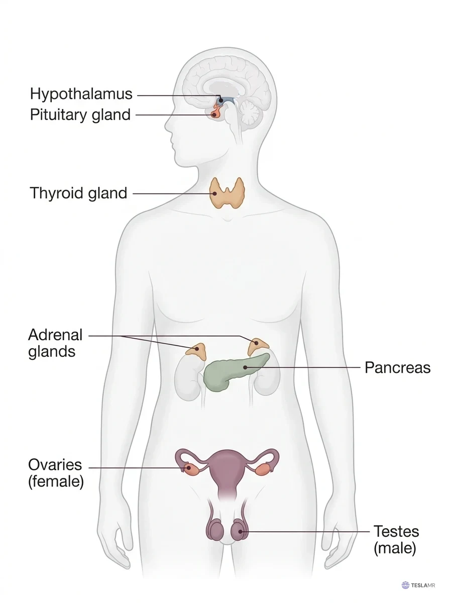 Outline of a body showing the hypothalamus, pituitary gland, thyroid gland, adrenal glands, pancreas, ovaries, and testes.