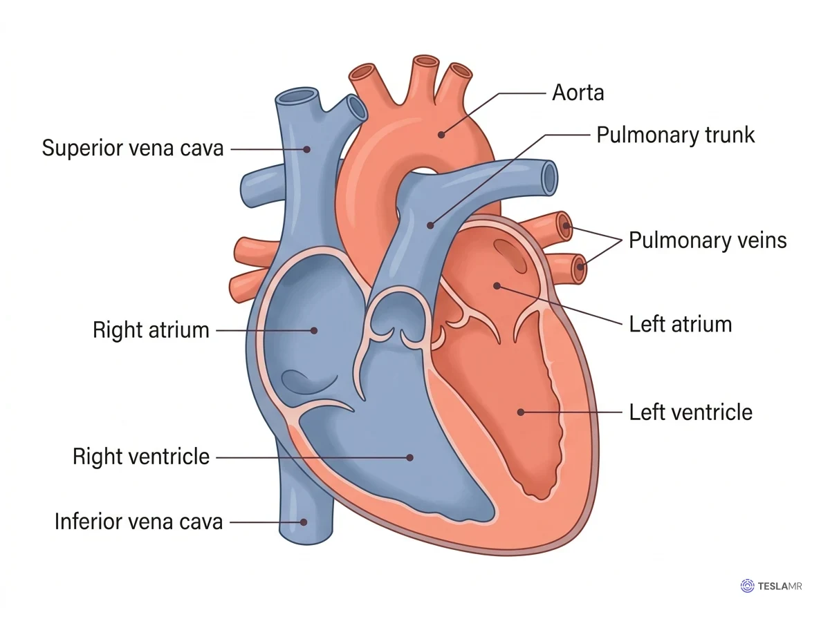 Cutaway front view of the heart with the superior and inferior venae cavae, right atrium, right ventricle, pulmonary trunk, pulmonary veins, left atrium, left ventricle, and aorta labeled.