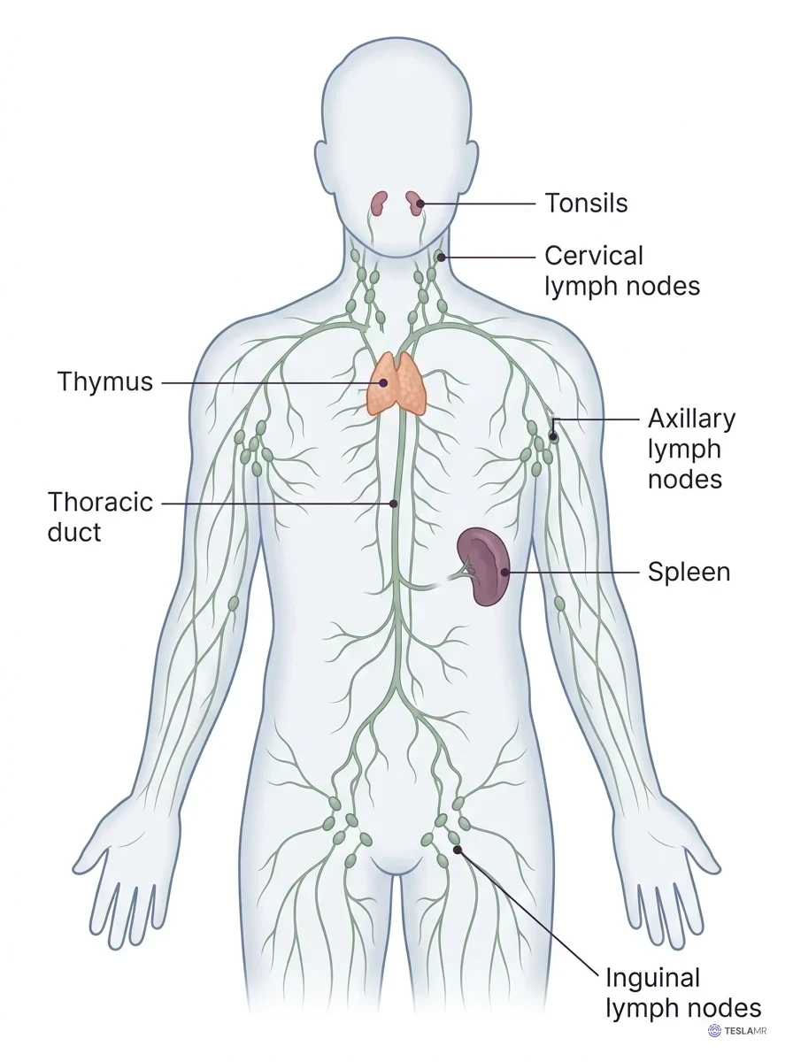 Front view of the lymphatic system with the tonsils, cervical, axillary, and inguinal lymph nodes, thymus, thoracic duct, and spleen labeled.