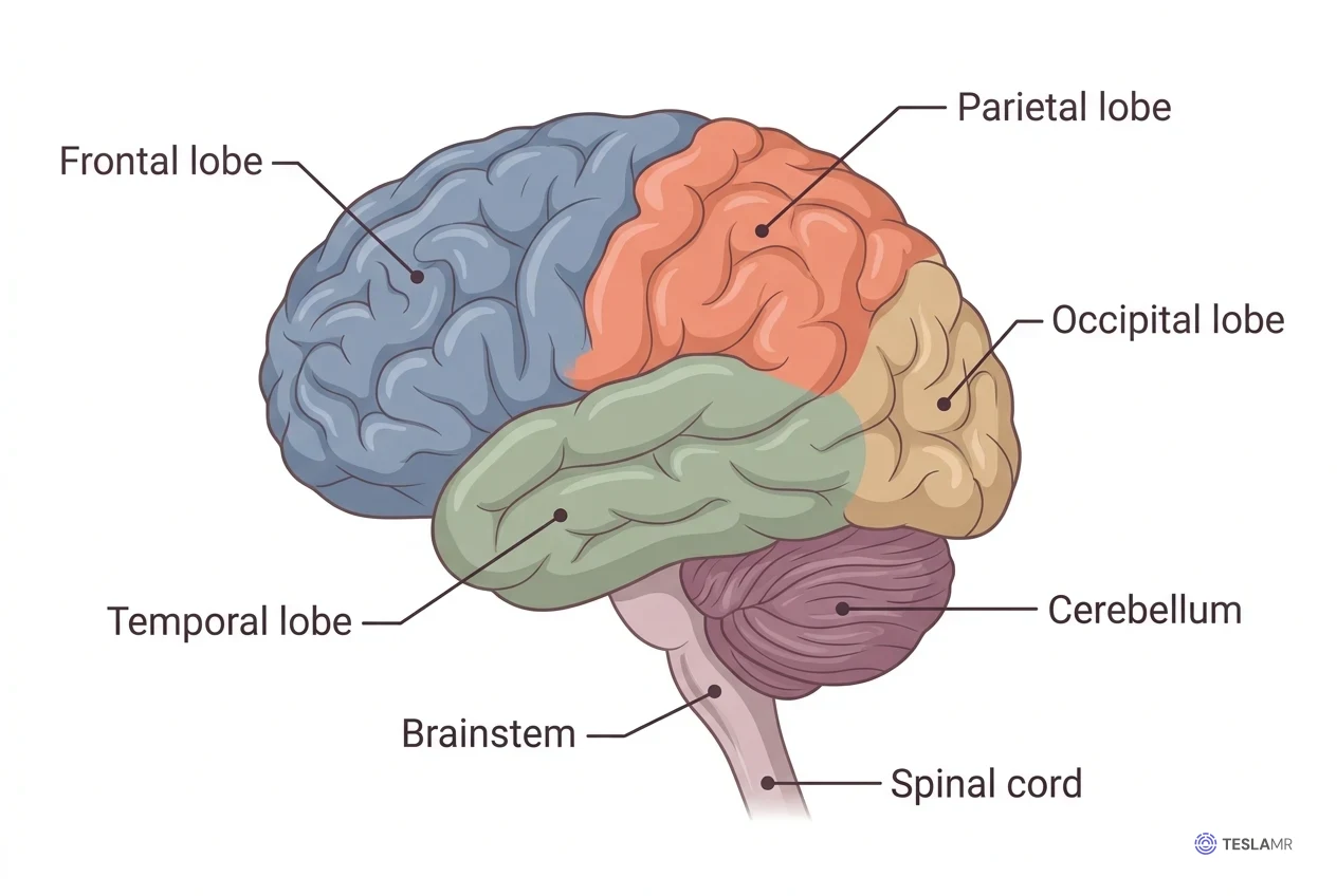 Side view of the brain with the frontal, parietal, occipital, and temporal lobes, the cerebellum, the brainstem, and the spinal cord labeled.