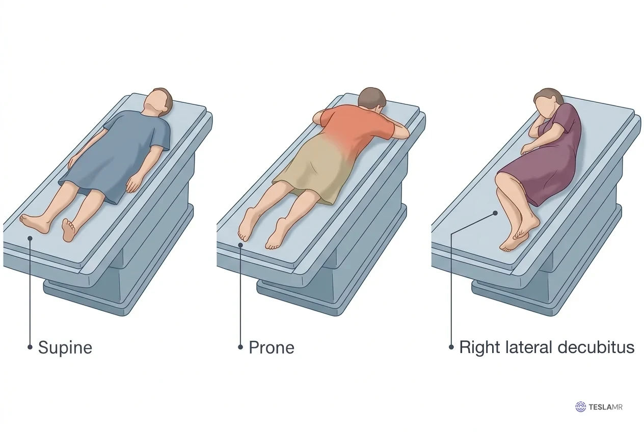 Three patients on a scanner table: lying face up, lying face down, and lying on the right side (right lateral decubitus).