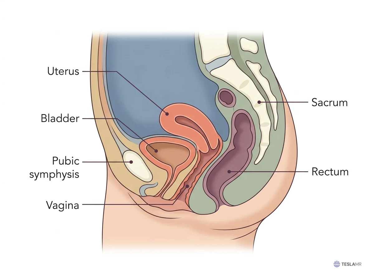 Sagittal section of a female pelvis with the pubic symphysis, bladder, uterus, vagina, rectum, and sacrum labeled.