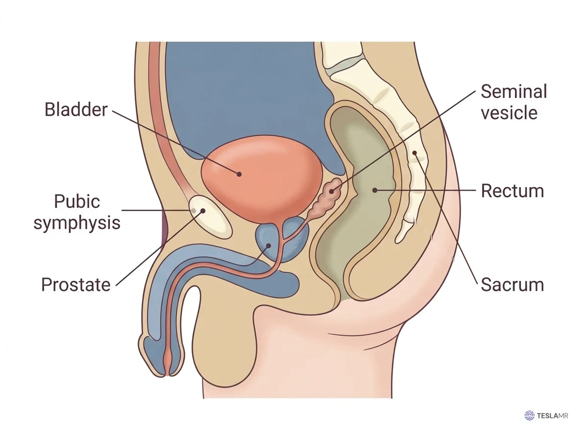 Sagittal section of a male pelvis with the pubic symphysis, bladder, prostate, seminal vesicle, rectum, and sacrum labeled.