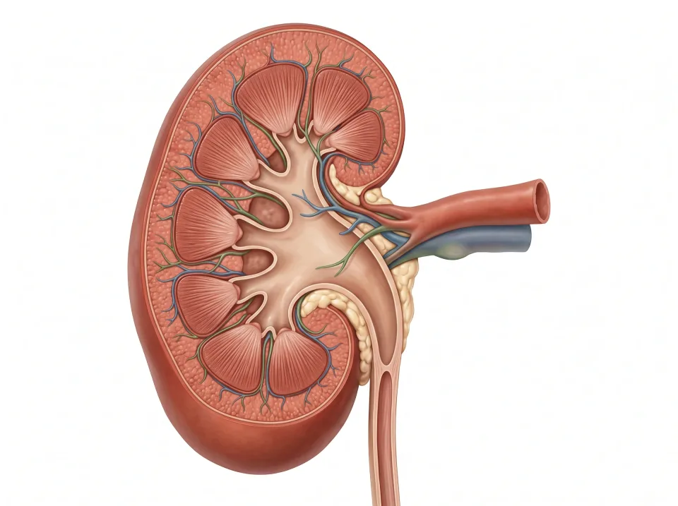 Cutaway illustration of a kidney, showing its outer tissue and internal collecting structures.