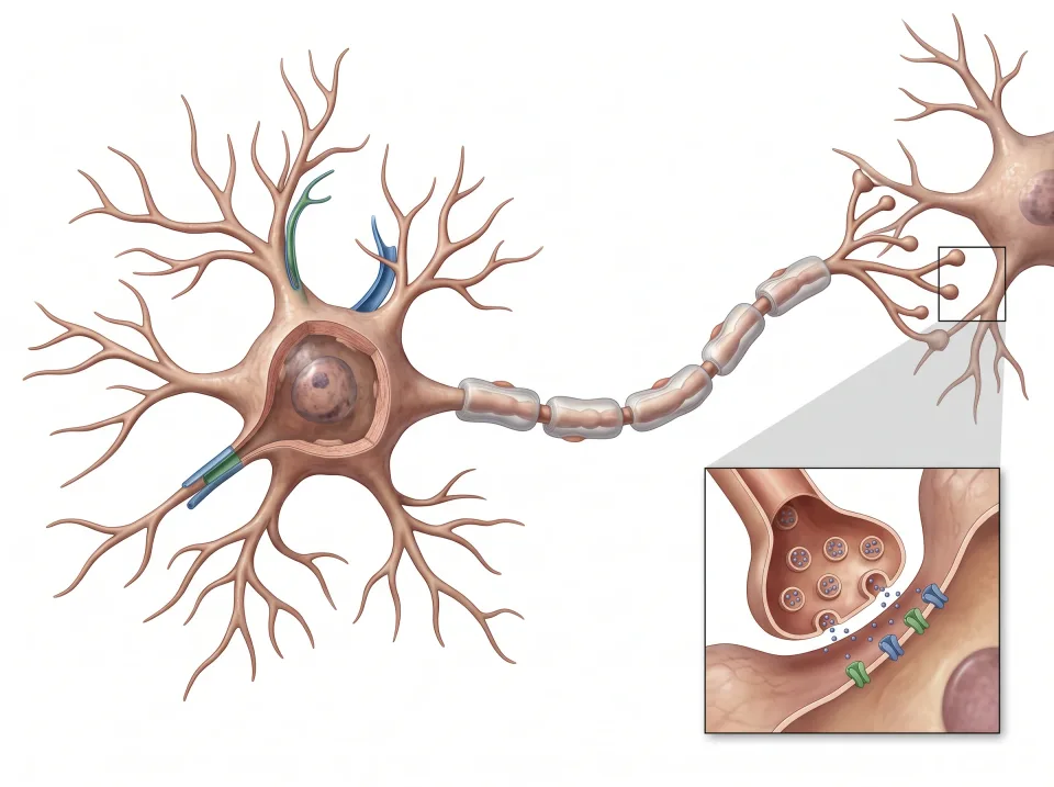 Illustration of a neuron with its branching connections and long axon.